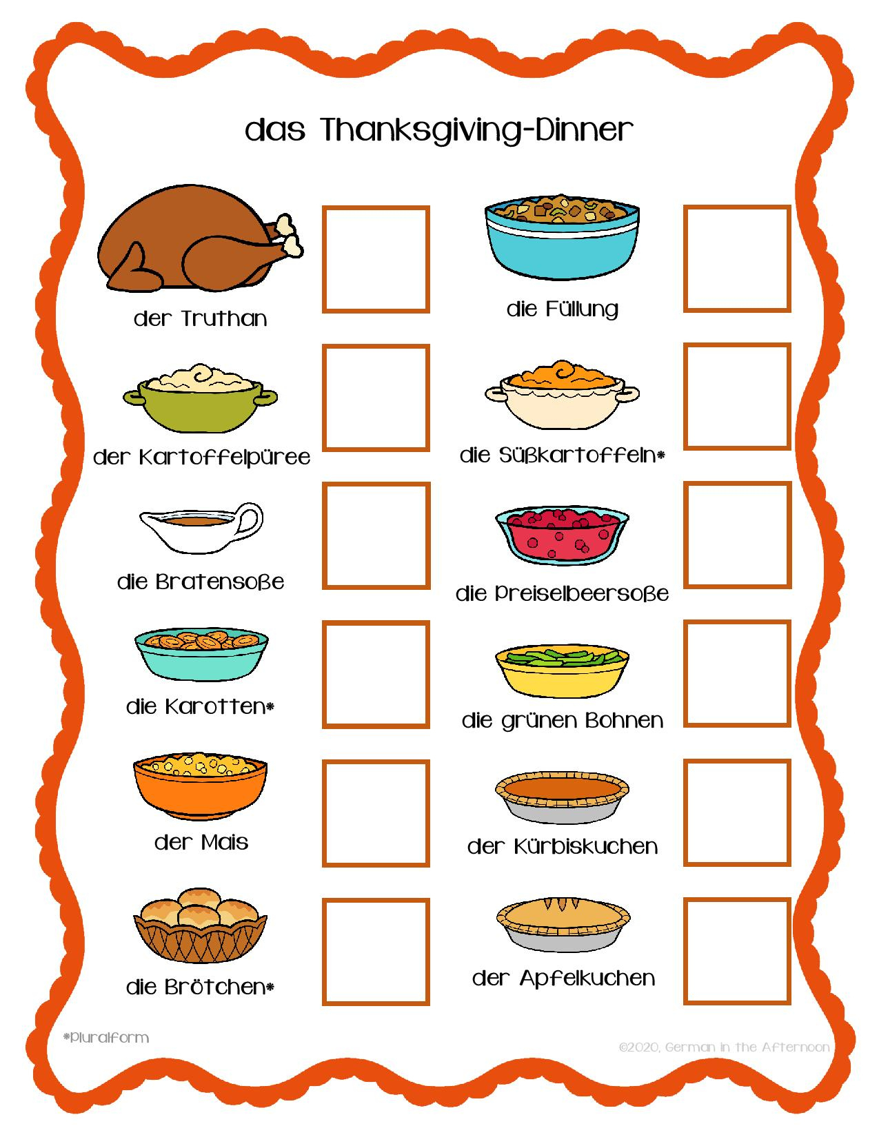 Thanksgiving-Dinner Umfrage / Survey | German In The Afternoon | Thanksgiving Dinner Worksheet