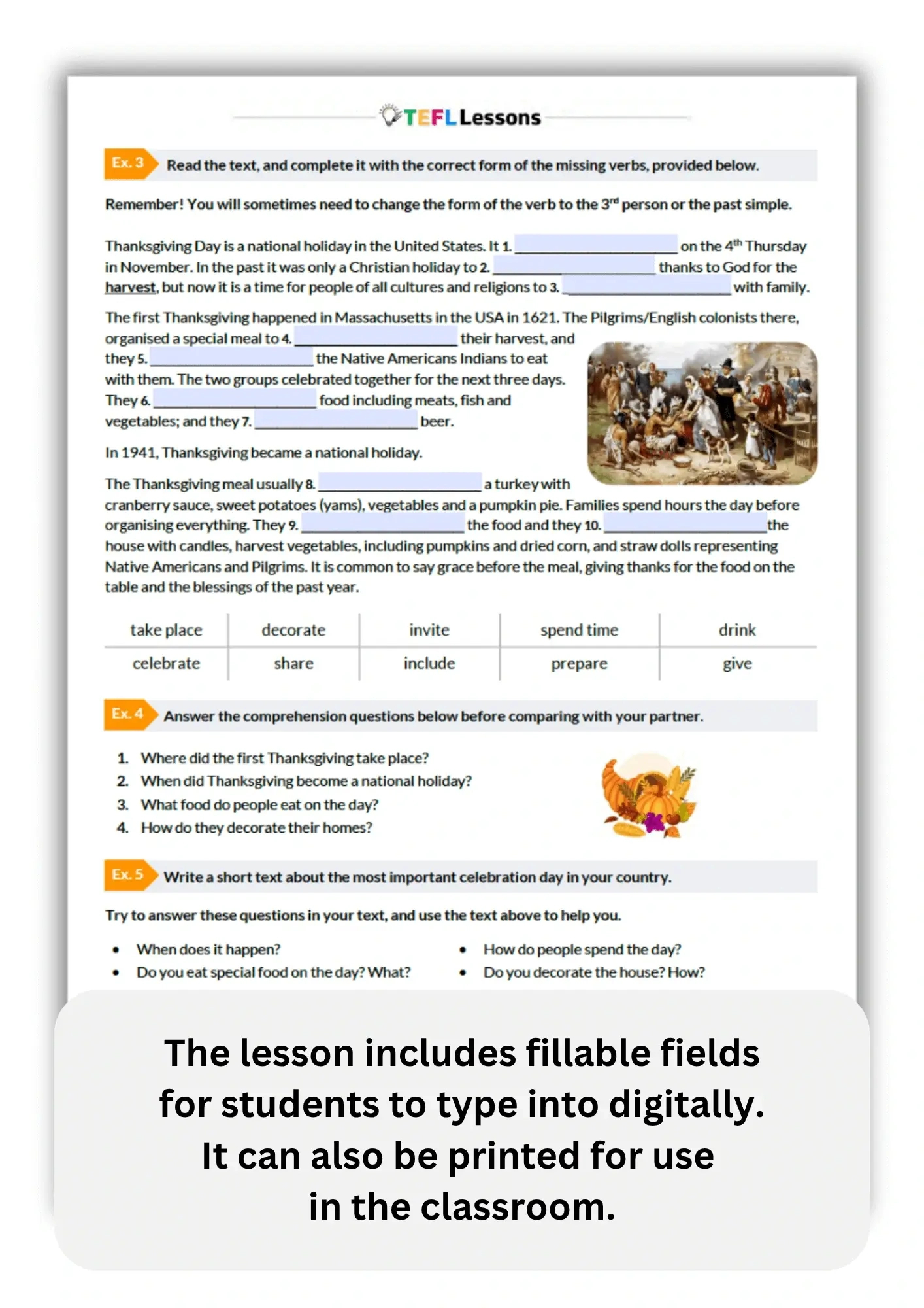 Thanksgiving Esl Worksheet – Free A1 Elementary Lesson - Tefl | Thanksgiving A Day of Thanks Worksheet Answers