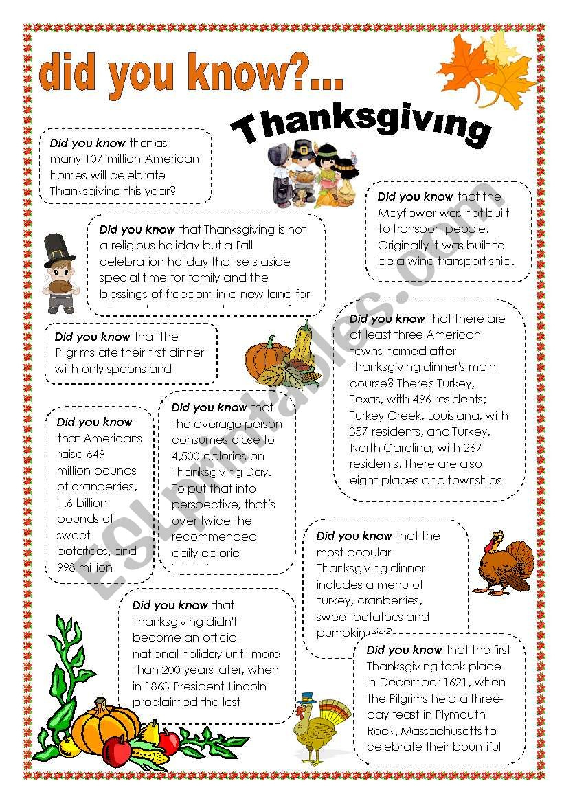 Thanksgiving Facts - Esl Worksheetintothefire | Thanksgiving Facts Worksheet