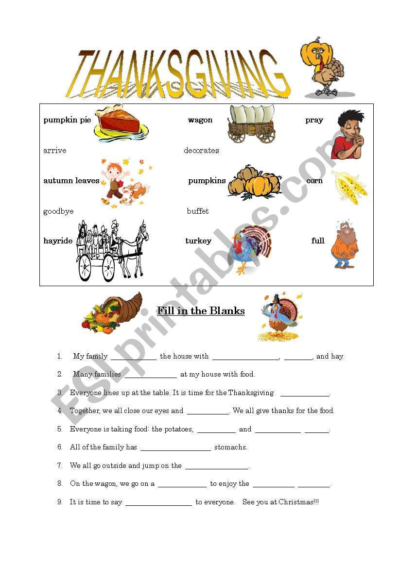 Thanksgiving Fill In The Blanks - Esl Worksheetjbm182 | Fill In The Blank Thanksgiving Worksheets
