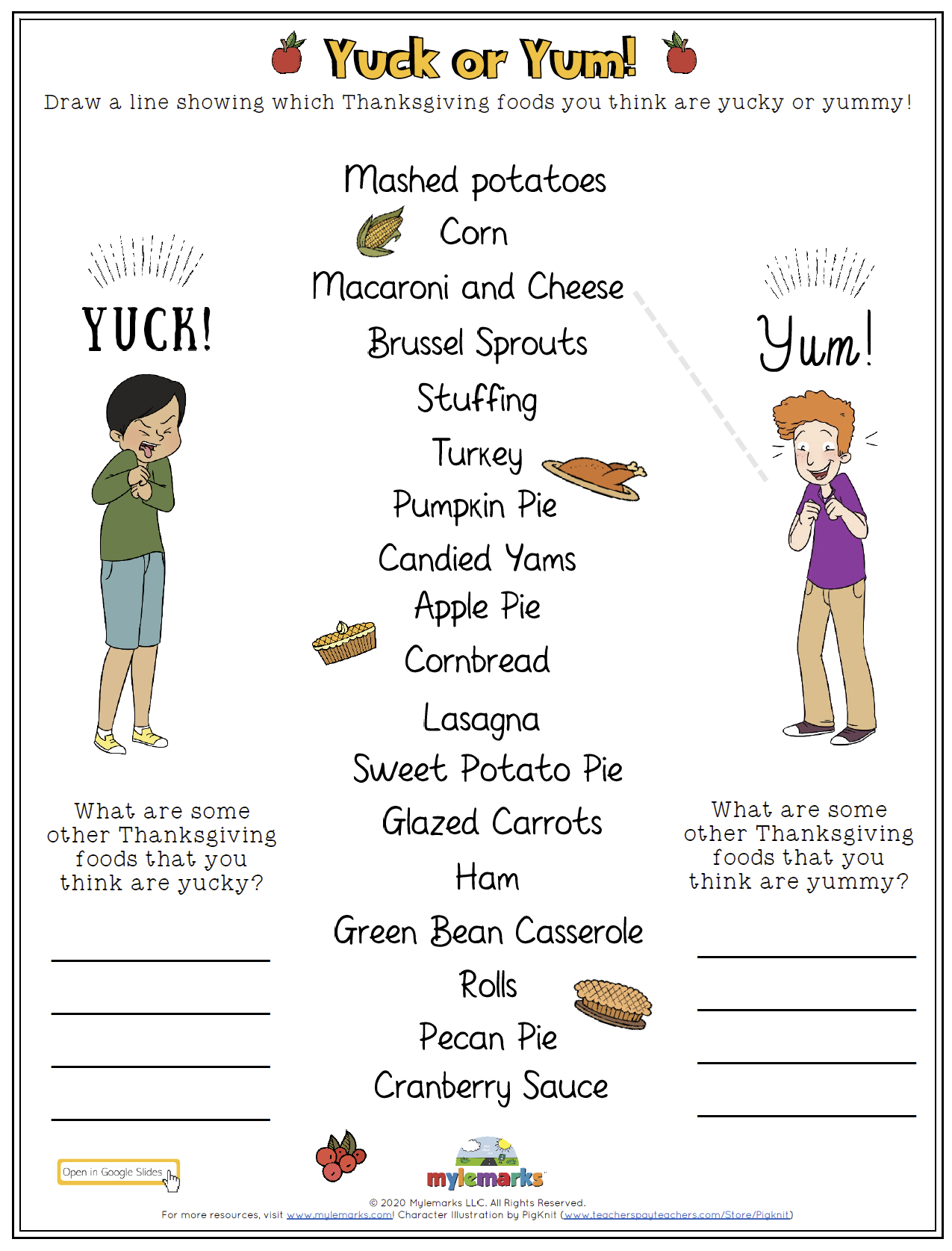 Thanksgiving Foods Yuck Or Yum! (Gs) | Thanksgiving Foods Worksheet