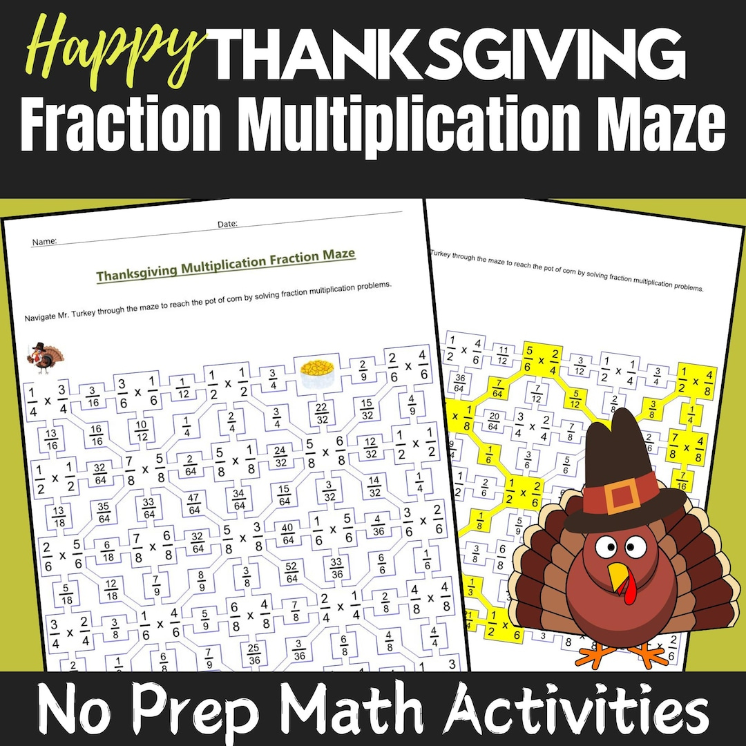 Thanksgiving Fraction Multiplication Maze: Math Worksheets | Thanksgiving Fraction Math Worksheets