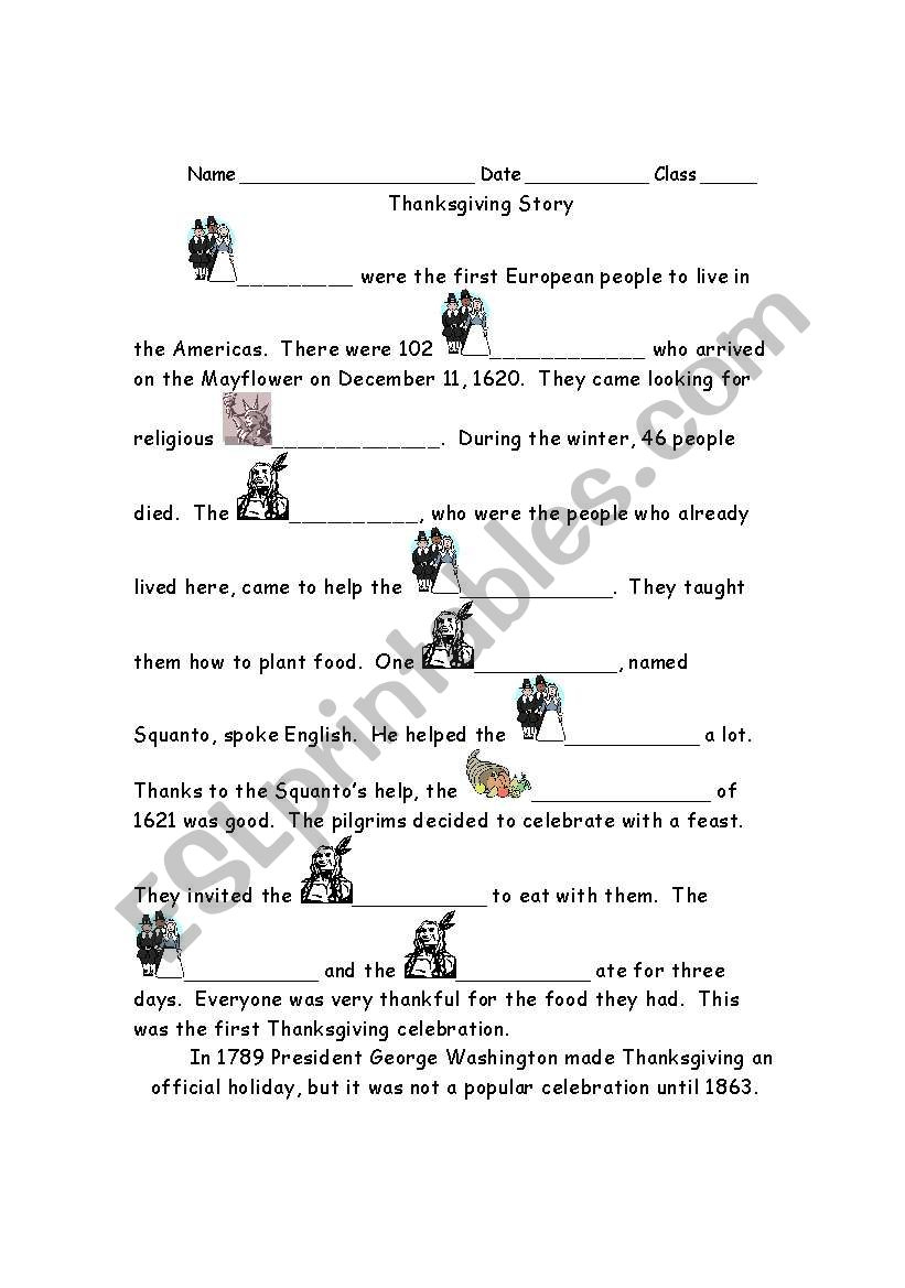 Thanksgiving History Cloze #1 - Esl Worksheetsuperjoy | Thanksgiving Cloze Worksheets