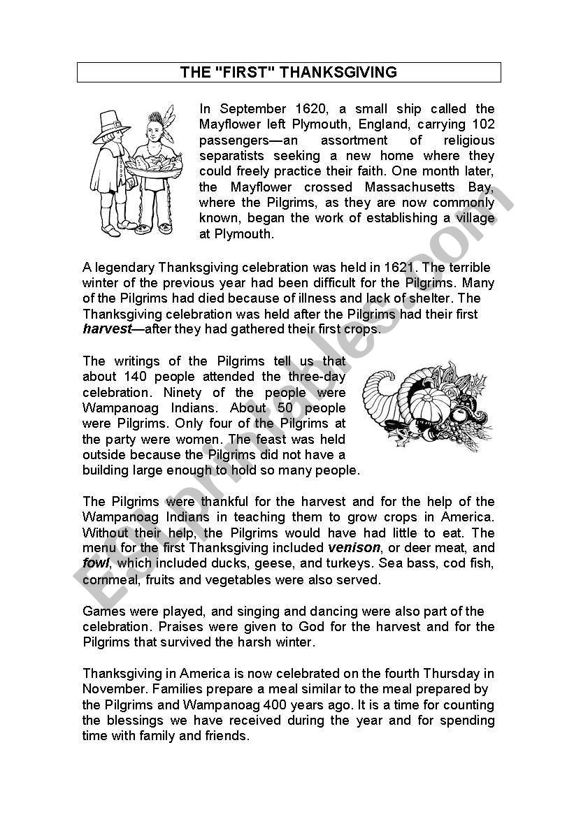 Thanksgiving History Reading Worksheet - Esl Worksheetelena_Rh | The Real Story of Thanksgiving History Channel Worksheet Answers
