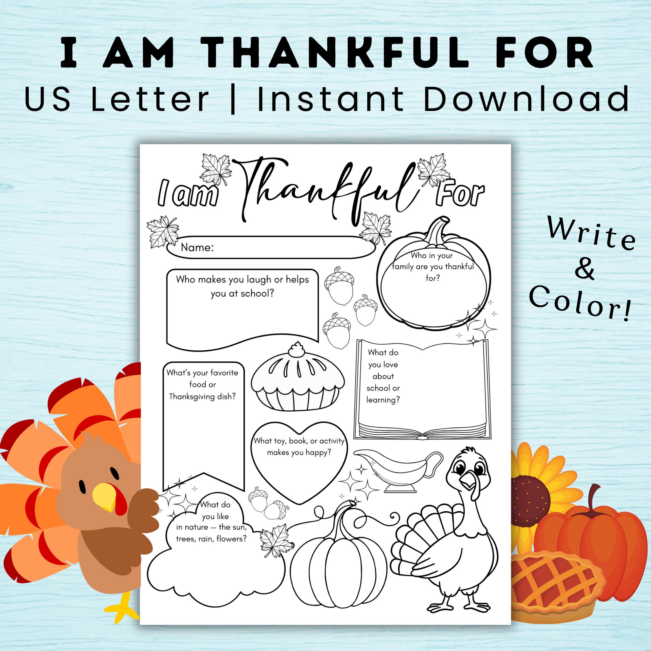 Thanksgiving I Am Thankful For Worksheet Printable For Kids | Thanksgiving Thankful Worksheet