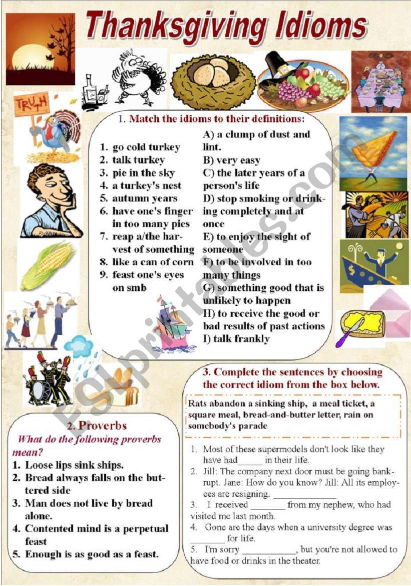 thanksgiving idioms and proverbs with keys esl worksheet thanksgiving idioms worksheet Thanksgiving Idioms And Proverbs (With Keys) - Esl Worksheet | Thanksgiving Idioms Worksheet