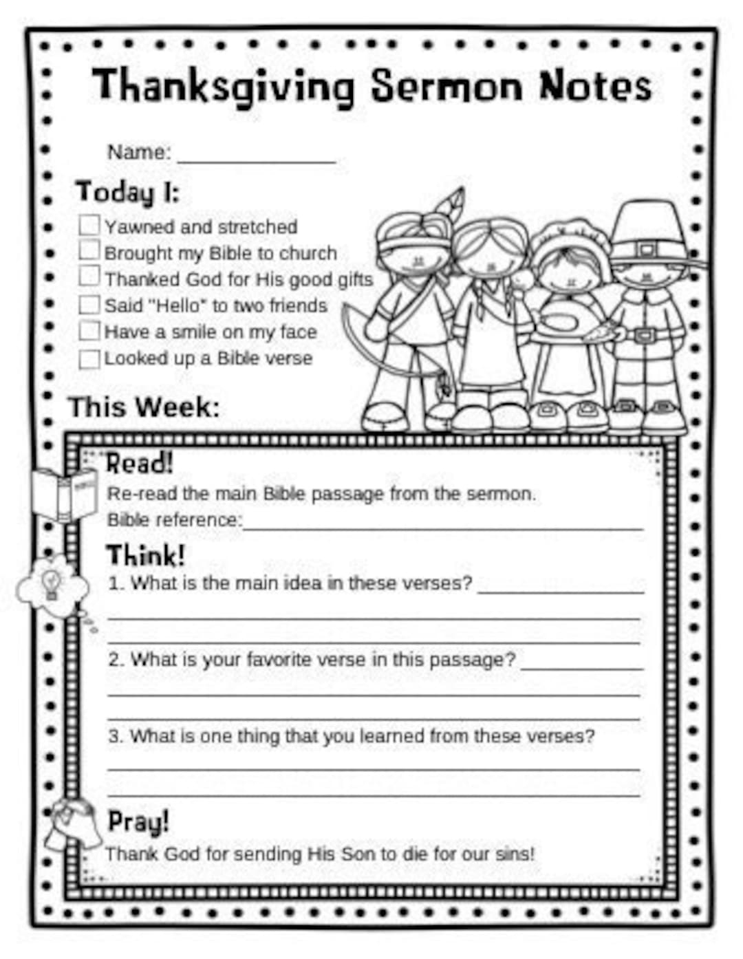 Thanksgiving Kids Sermon Notes, Fall Harvest Bible Study, Kids | Religious Thanksgiving Worksheets
