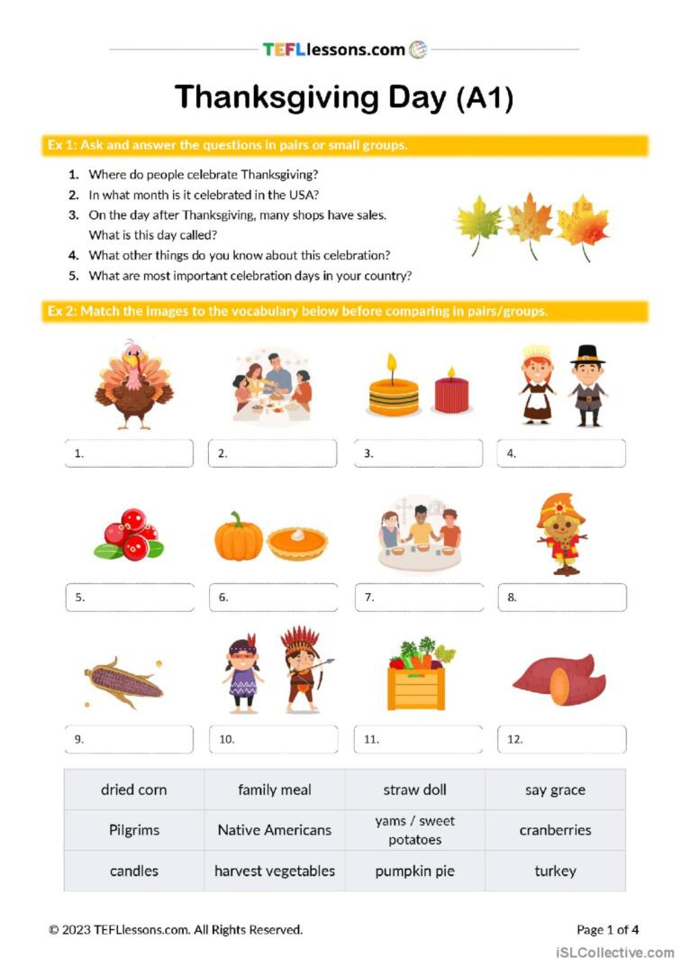 Thanksgiving Lesson (A1 Level) Gener…: English Esl Worksheets Pdf | Thanksgiving Esl Worksheets