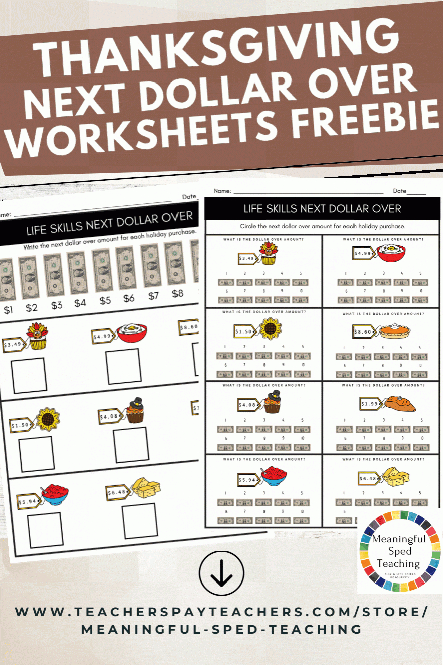 Thanksgiving Life Skills Next Dollar Over Worksheet Freebie! | Thanksgiving Money Math Worksheets
