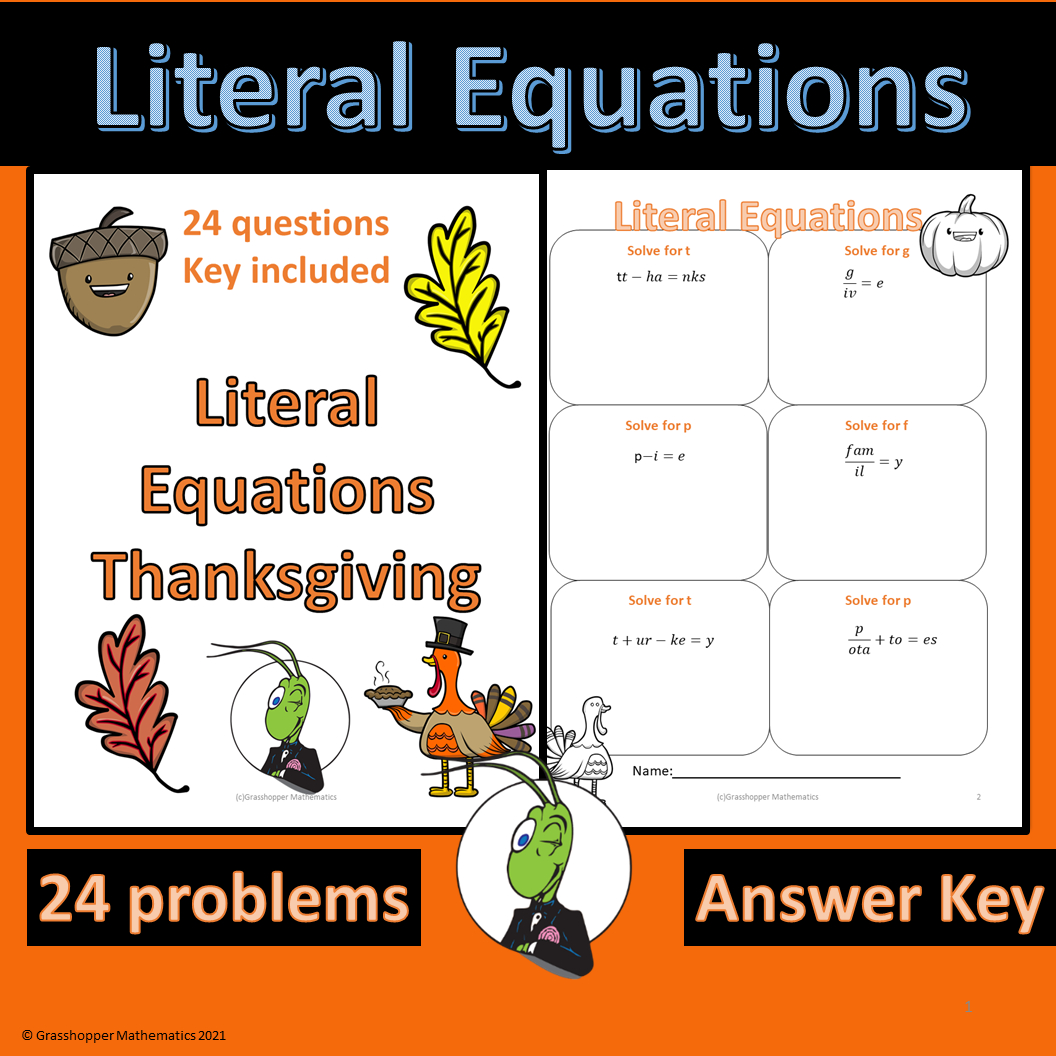 Thanksgiving Literal Equations | Madeteachers | Thanksgiving Solving Equations Worksheets