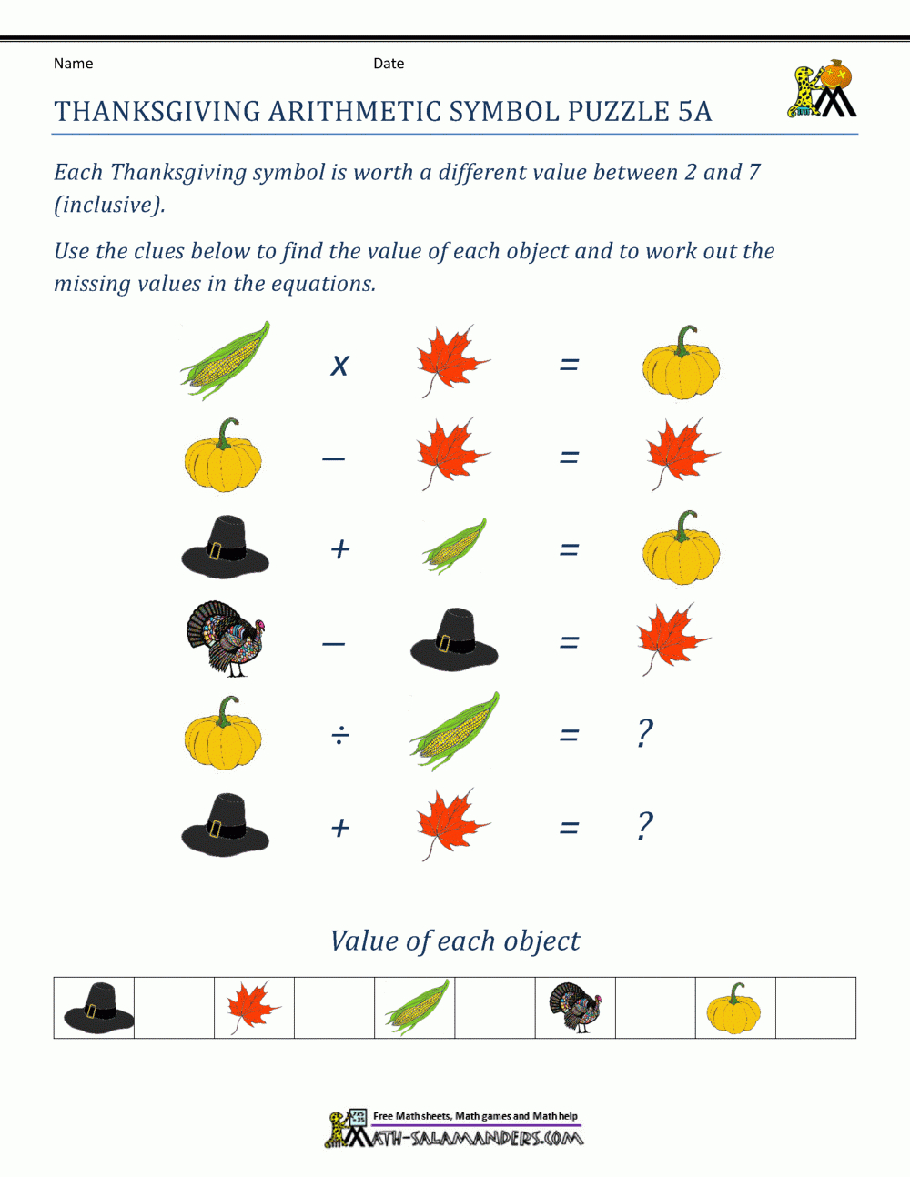 Thanksgiving Math Puzzles | 7 2 Thanksgiving Worksheet Answers
