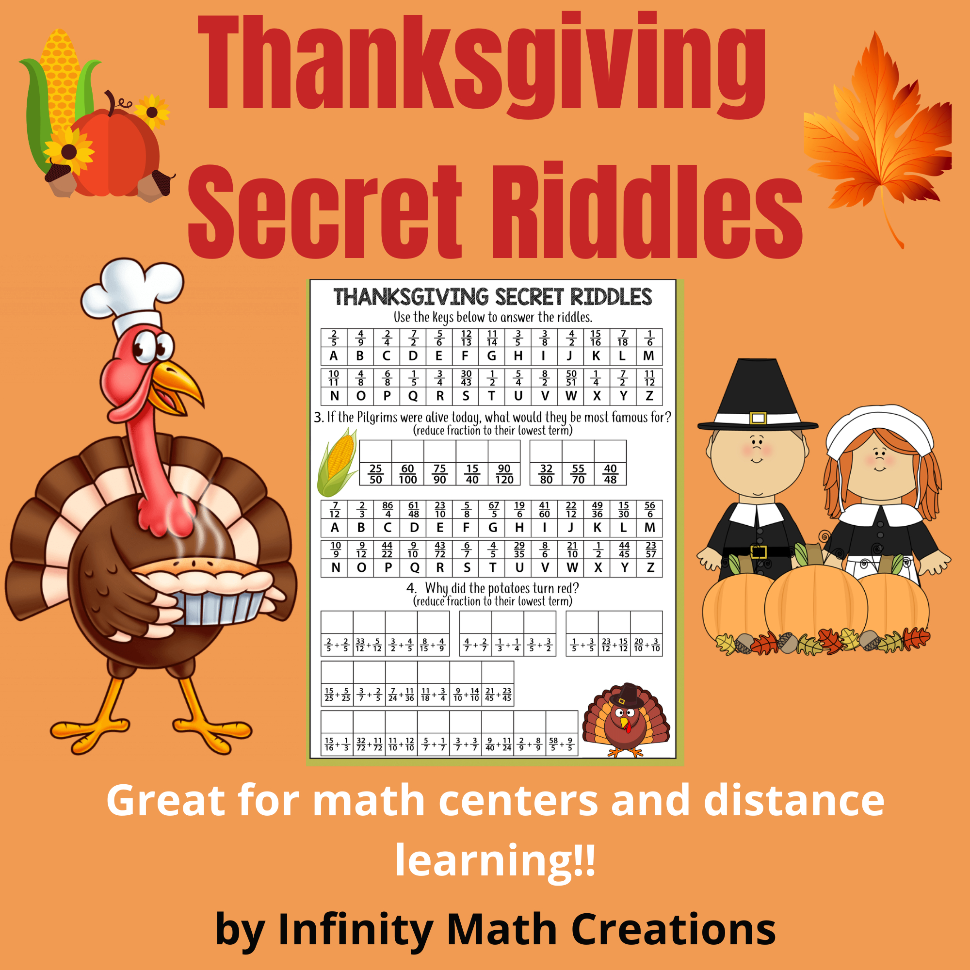 Thanksgiving Math Riddles--Decimals Percents Fractions | Thanksgiving Fraction Worksheets