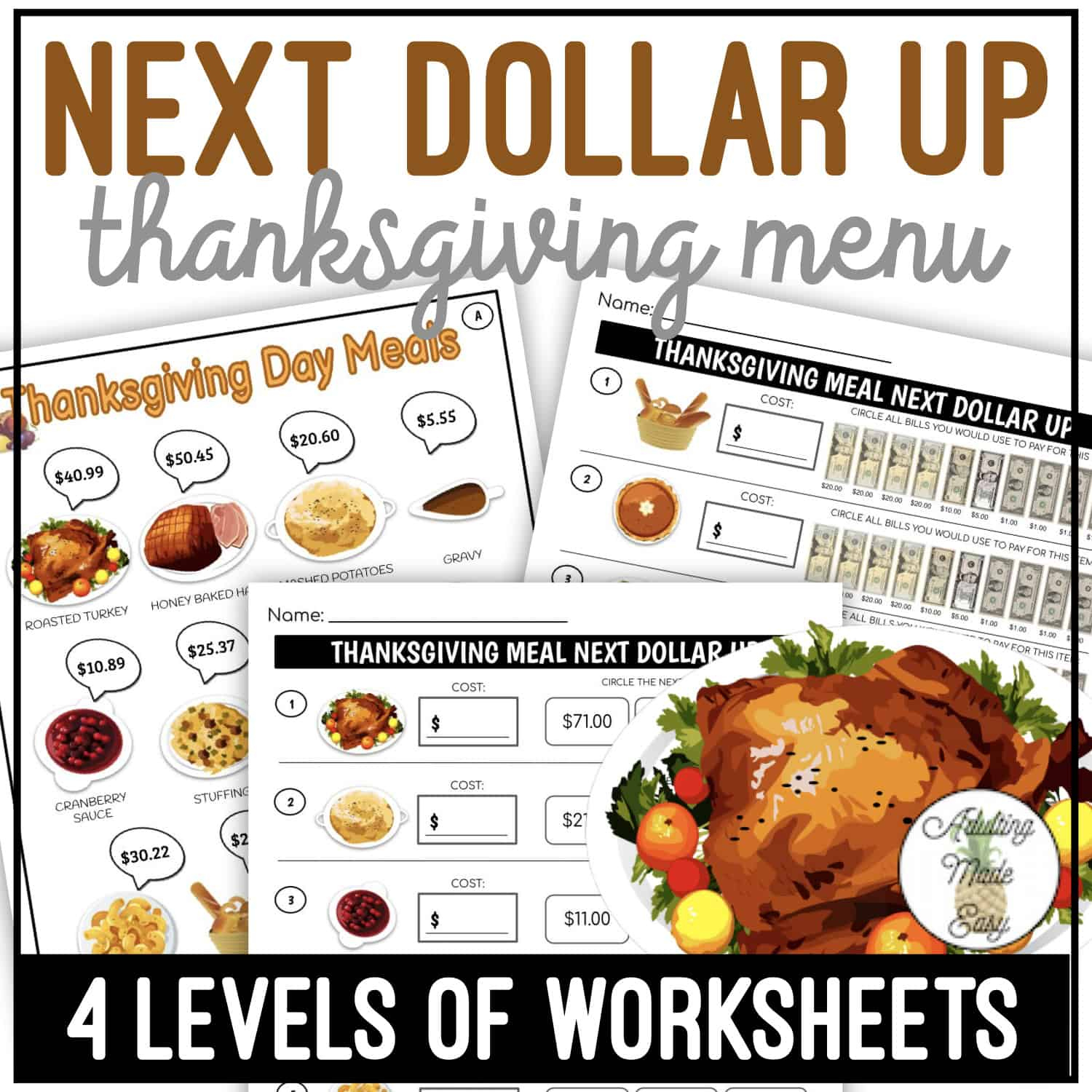 Thanksgiving Menu Next Dollar Up Worksheets | Thanksgiving Menu Math Worksheets