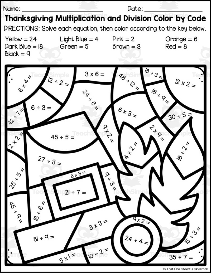 Thanksgiving Multiplication + Division Colorcode | Division Thanksgiving Worksheets