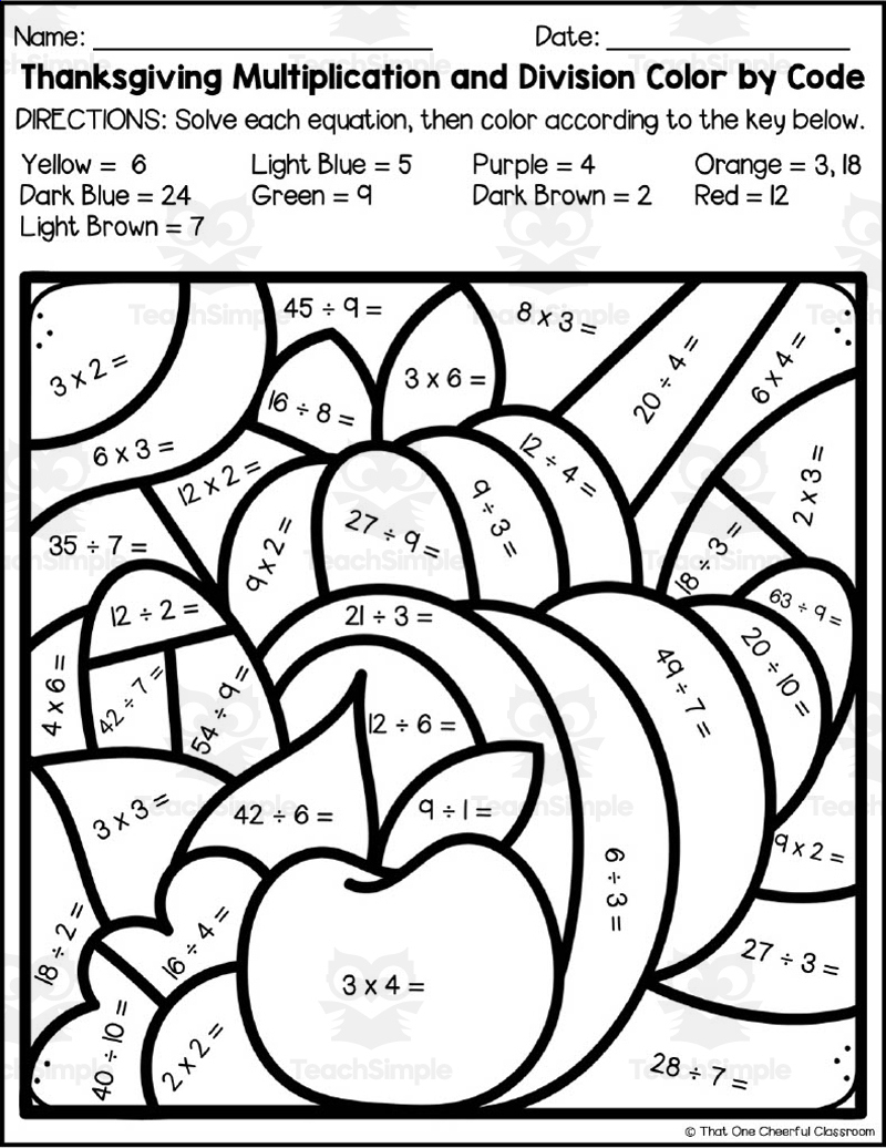 Thanksgiving Multiplication + Division Colorcode | Thanksgiving Multiplication Worksheets Coloring