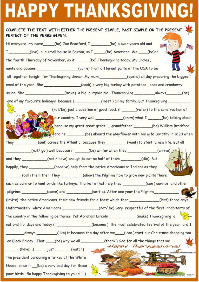Thanksgiving, Past Present And Prese…: English Esl Worksheets Pdf | Thanksgiving Grammar Worksheets