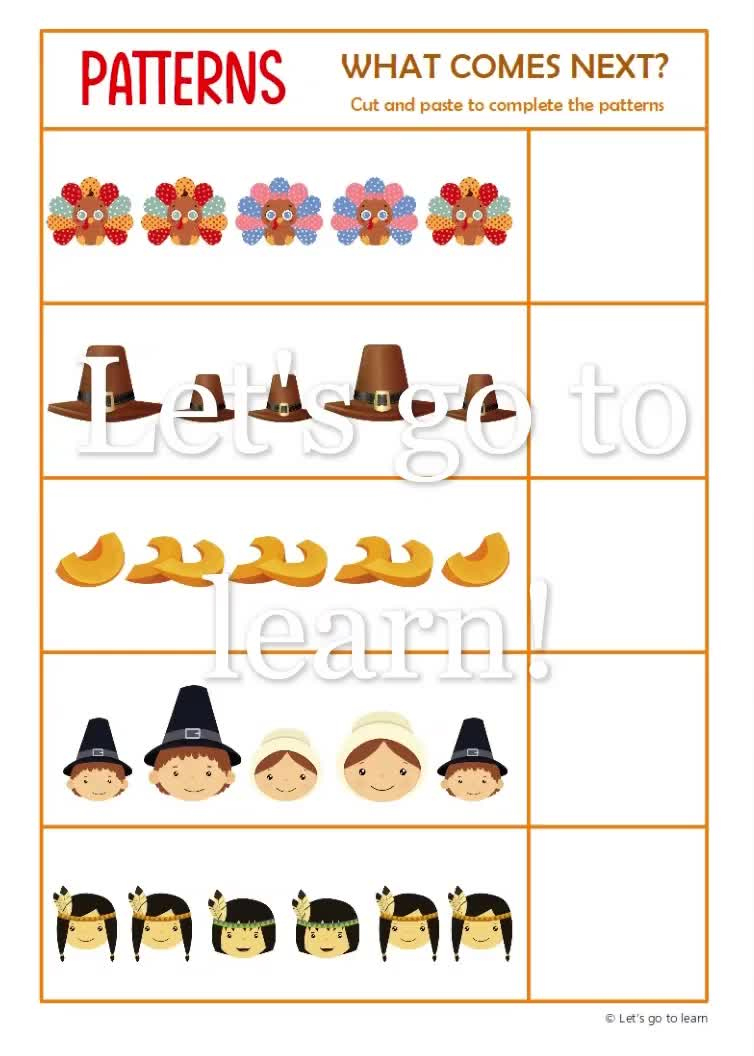 Thanksgiving Pattern Worksheets - What Comes Next Activity - Preschool &amp;amp;  Kindergarten - Homeschool - Busy Book Pages - Educational Printable | Thanksgiving Pattern Worksheets For Preschoolers