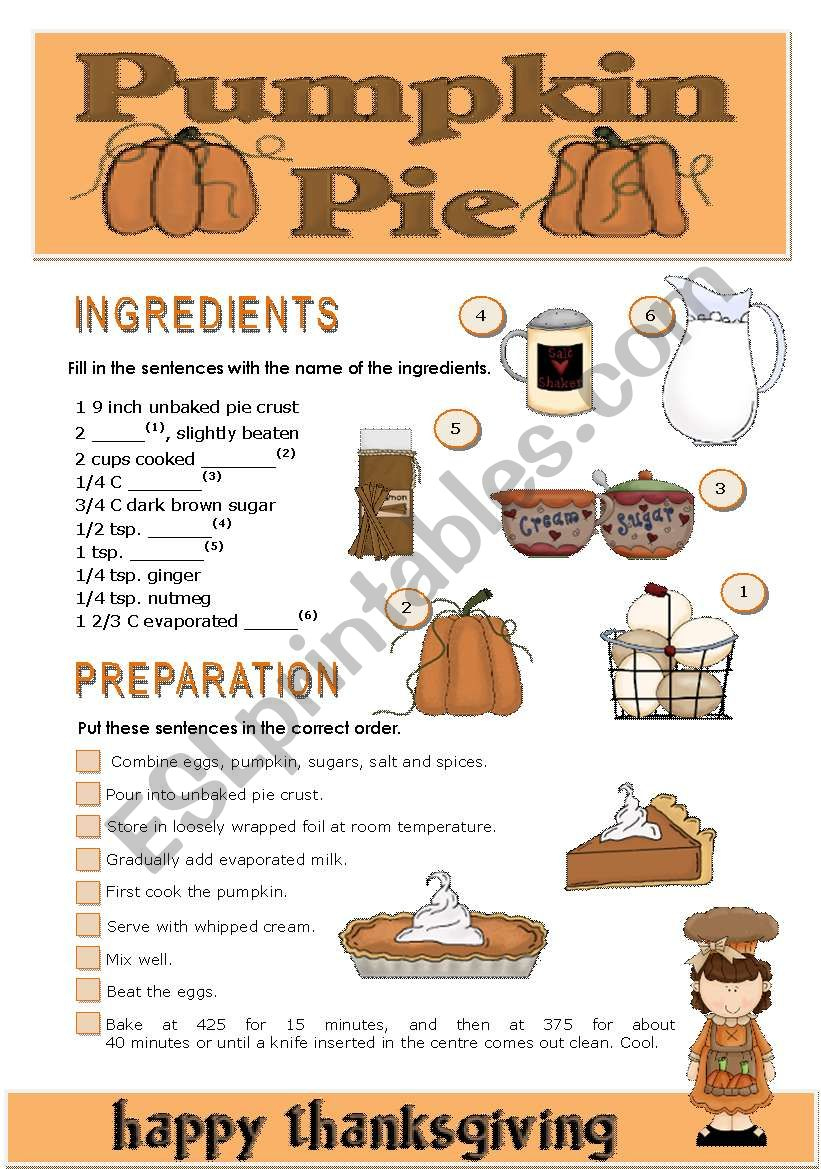 Thanksgiving Pumpkin Pie - Esl Worksheetteresaraiva | Thanksgiving Pumpkin Worksheet