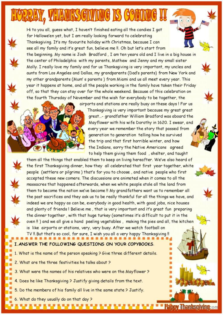 Thanksgiving : Reading Comprehension…: English Esl Worksheets Pdf | Thanksgiving Worksheets Reading