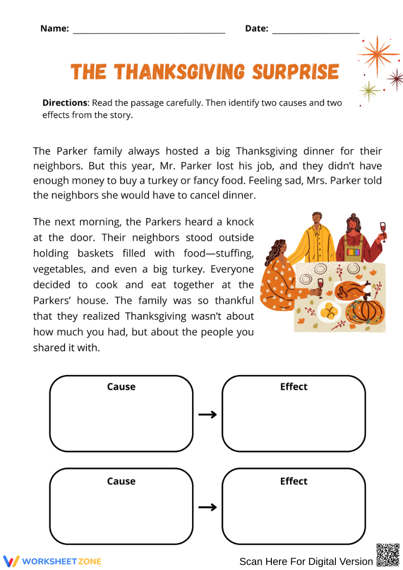 Thanksgiving Reading Comprehension Strategies Worksheets | Thanksgiving Cause and Effect Worksheets