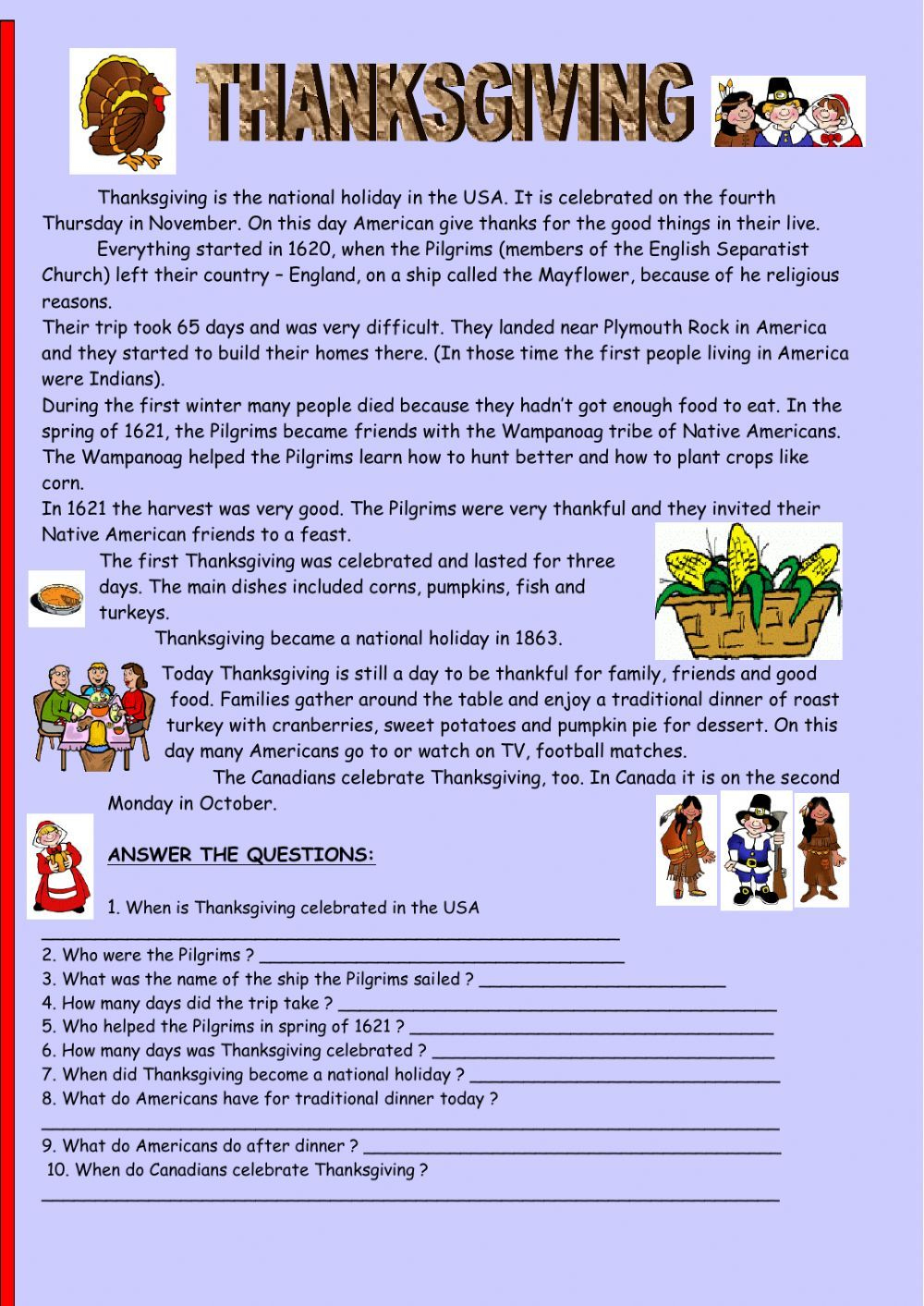 Thanksgiving Reading Comprehension Worksheet | Reading Thanksgiving Worksheets