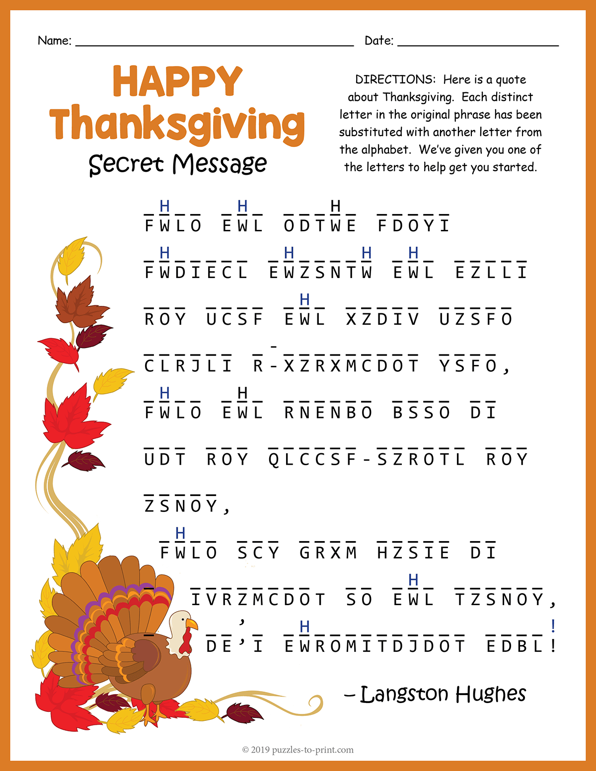 Thanksgiving Secret Message Puzzle | Thanksgiving Secret Code Worksheets