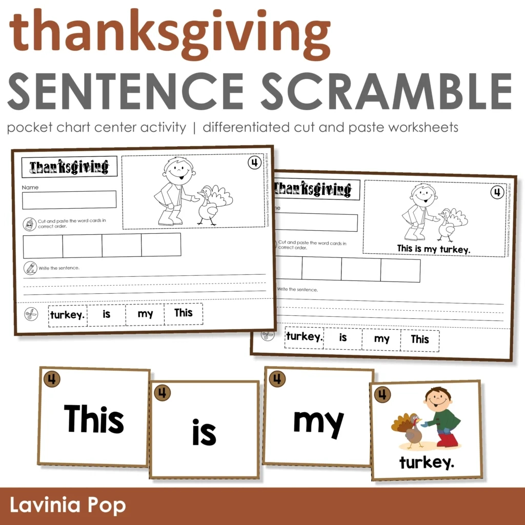Thanksgiving Sentence Scramble With Cut And Paste Worksheets - In | Thanksgiving Cut and Paste Worksheets