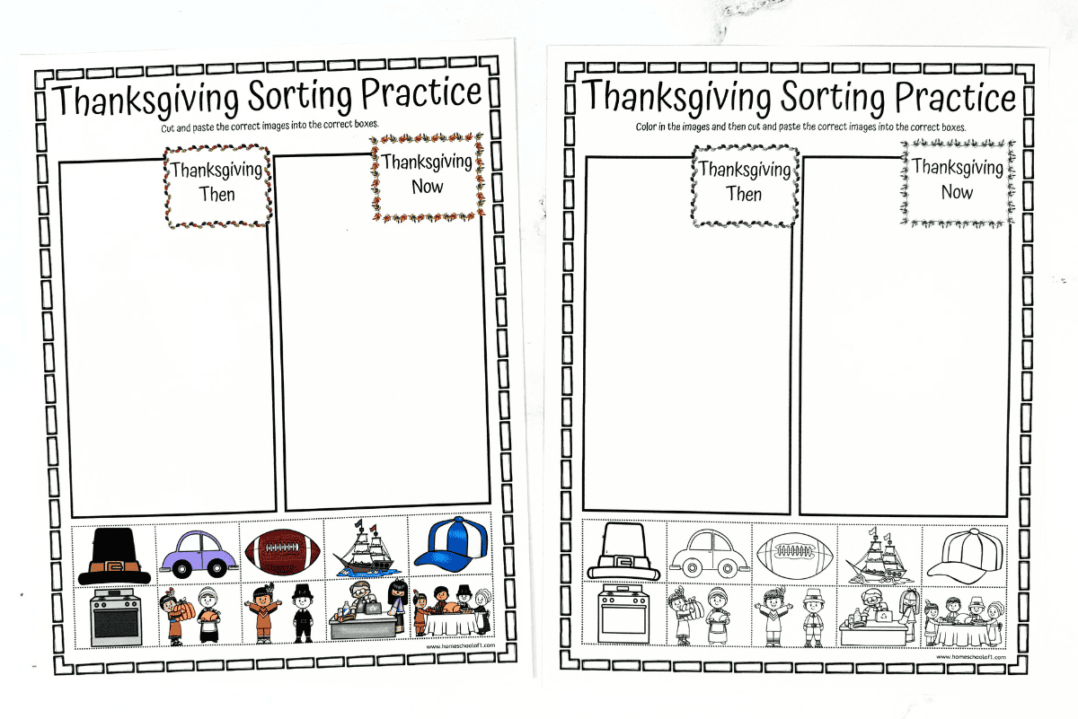Thanksgiving Sorting Worksheet (Then And Now) | Thanksgiving Then and Now Worksheet