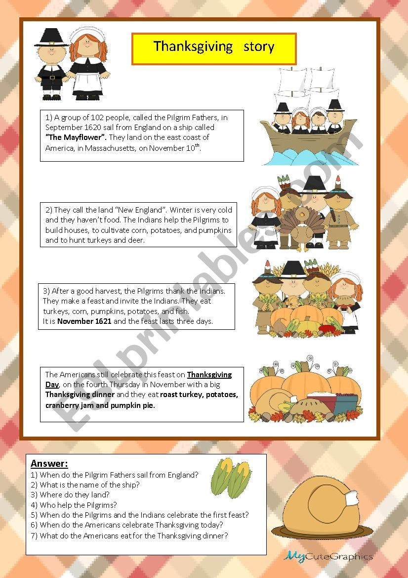 Thanksgiving Story - Esl Worksheetmaestralidia | Thanksgiving Story Worksheet