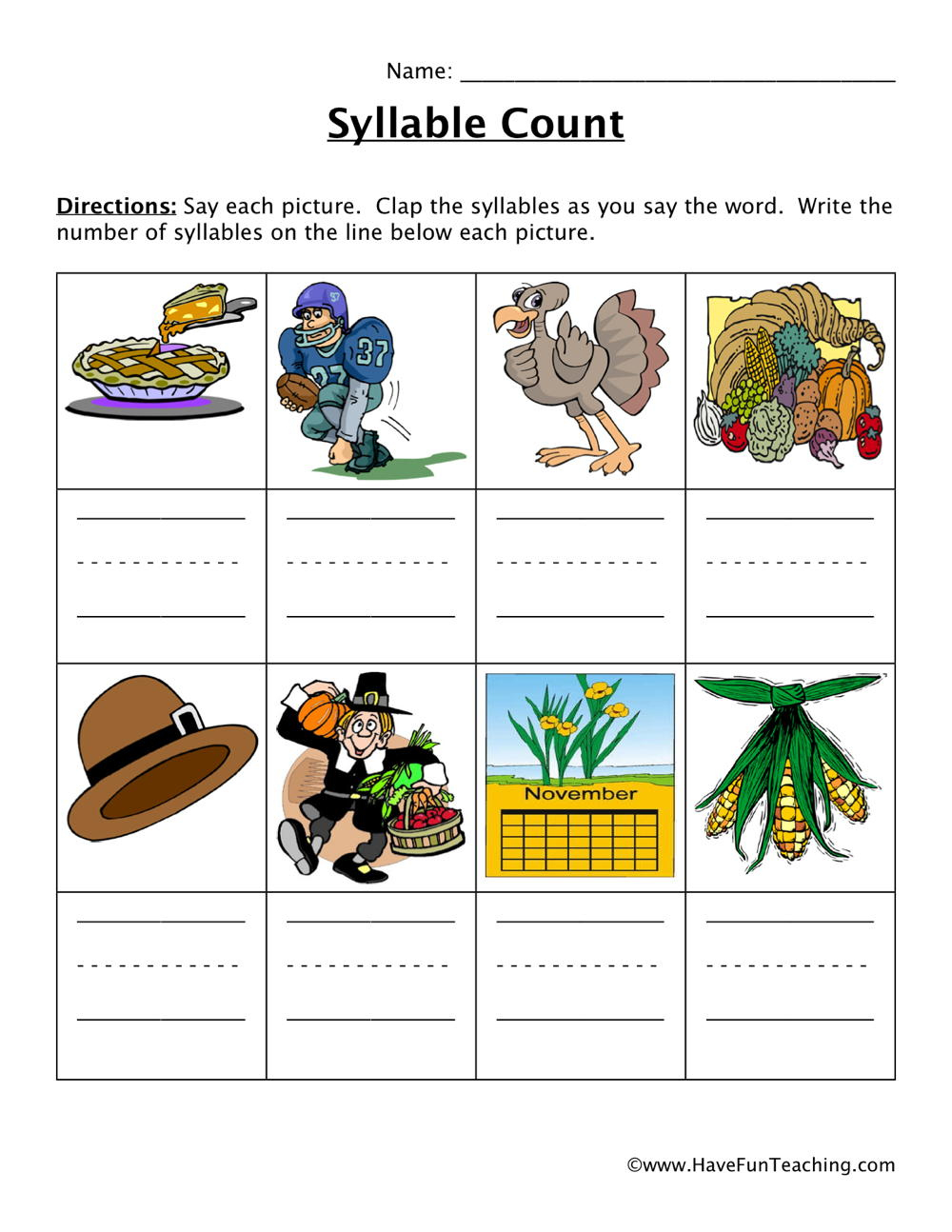 Thanksgiving Syllables Worksheet - Have Fun Teaching | Thanksgiving Syllable Worksheets