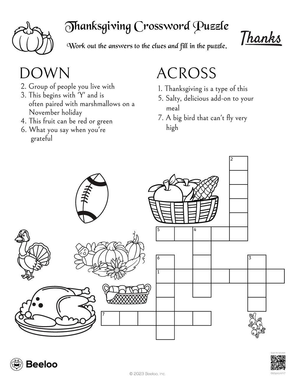 Thanksgiving-Themed Crossword Puzzles • Beeloo Printable Crafts | Thanksgiving Crossword Puzzle Worksheet