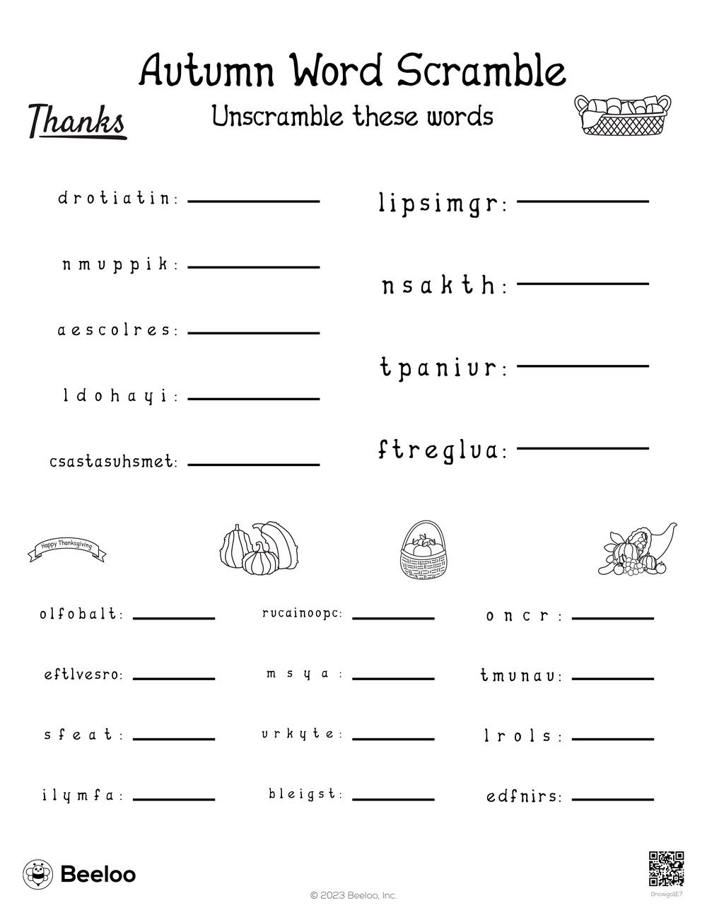 Thanksgiving-Themed Word Scrambles • Beeloo Printable Crafts And | Unscramble Thanksgiving Words Worksheet