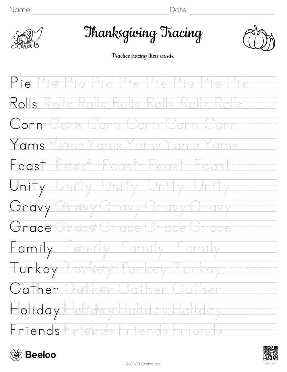 Thanksgiving-Themed Word Tracing Worksheets • Beeloo Printable | Thanksgiving Handwriting Worksheets