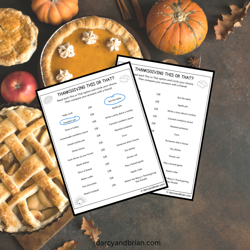 Thanksgiving This Or That Questions Printable Worksheet For Kids | Thanksgiving And The Pumpkin Pie Worksheet