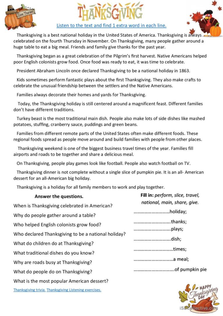 Thanksgiving. Traditions.: English Esl Worksheets Pdf &amp;amp; Doc | Thanksgiving Traditions Worksheet