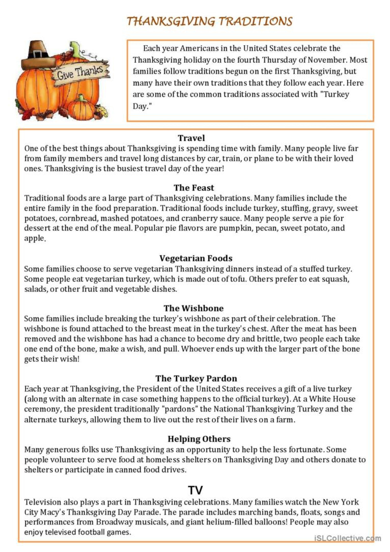 Thanksgiving Traditions Reading For…: English Esl Worksheets Pdf &amp;amp; Doc | Thanksgiving Traditions Worksheet