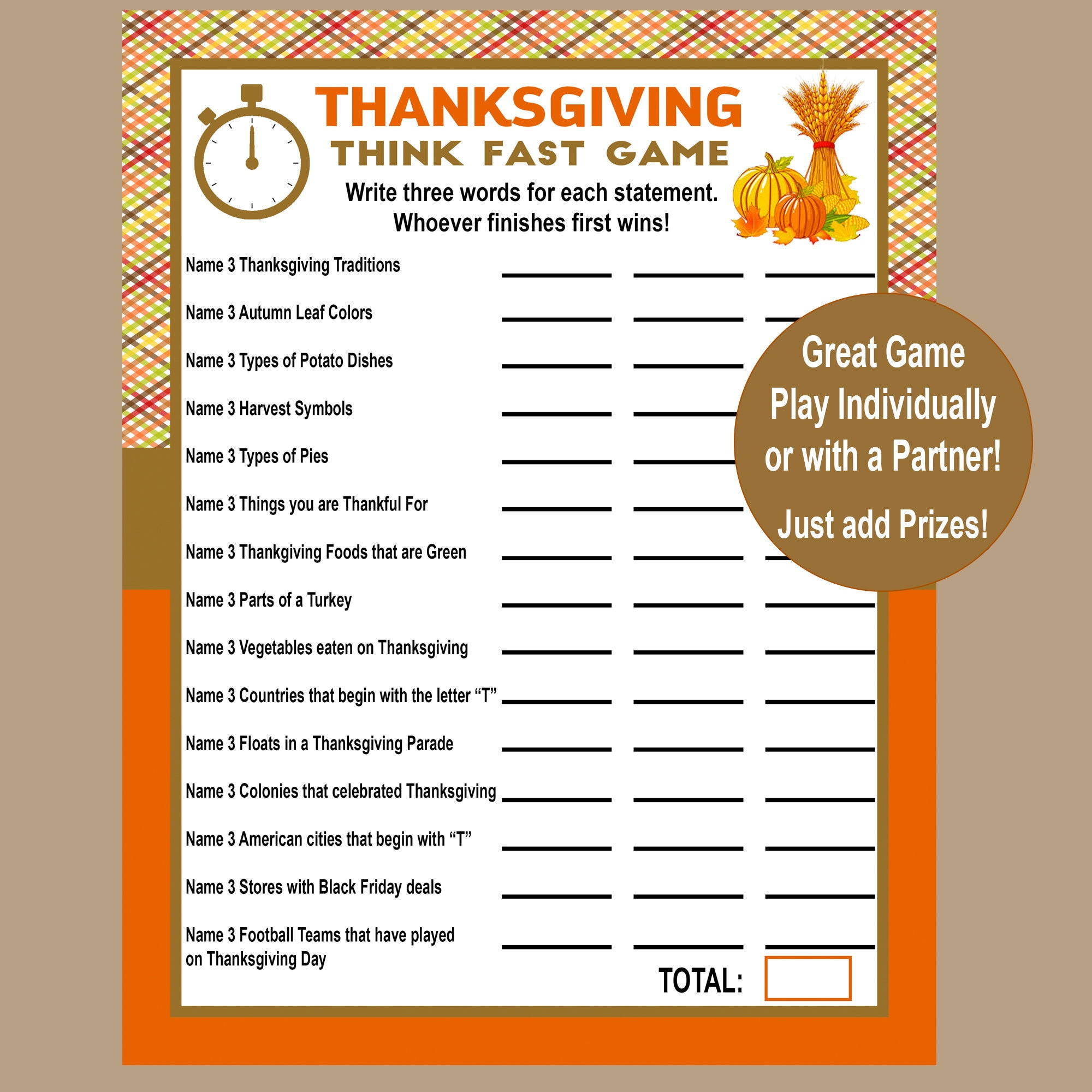 Thanksgiving Trivia Game, Think Fast Game, Thanksgiving Printable | Thanksgiving Games Worksheets