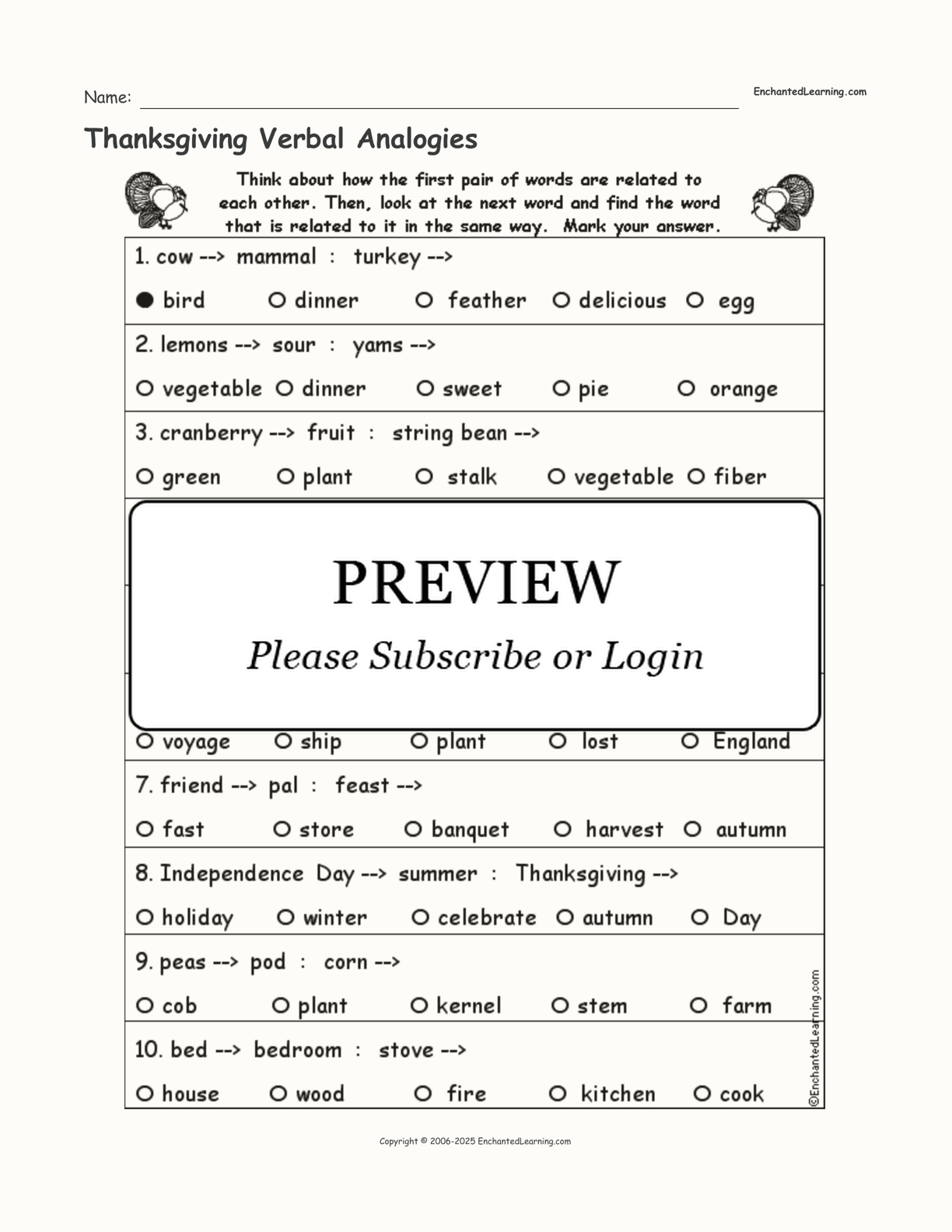 Thanksgiving Verbal Analogies - Enchanted Learning | Thanksgiving Analogies Worksheet Answer Key