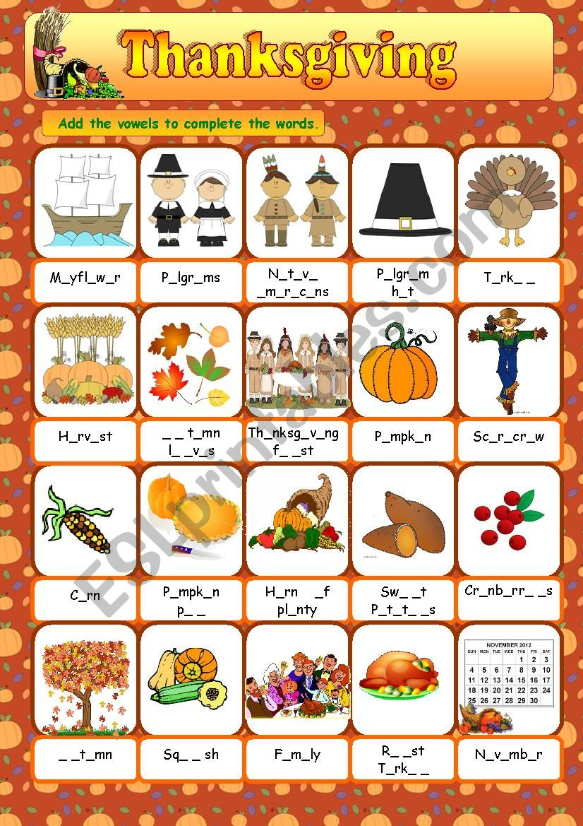 Thanksgiving Vocabulary - Esl Worksheetanna P | Thanksgiving Vocabulary Worksheet