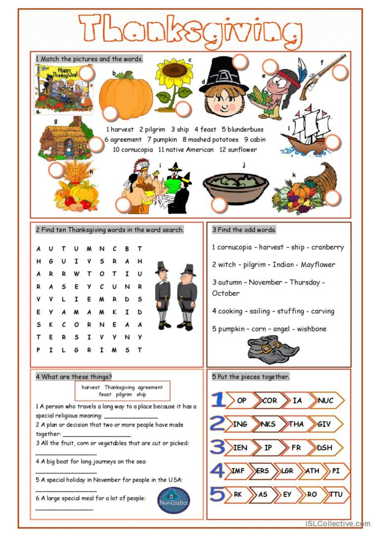 Thanksgiving Vocabulary Exercises Wo…: English Esl Worksheets Pdf | Thanksgiving on Thursday Worksheets