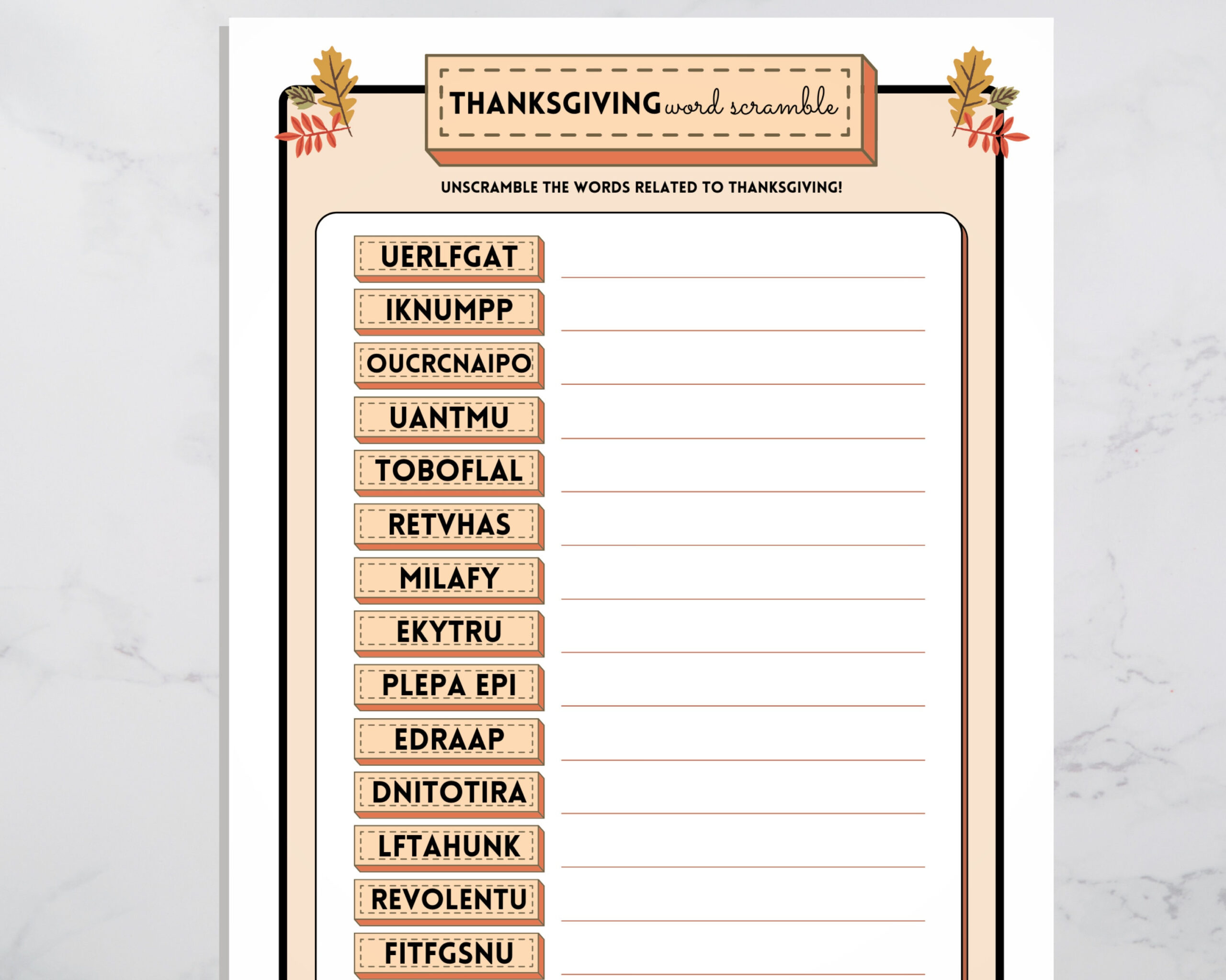 Thanksgiving Word Scramble Game: Printable Party Activity (Digital | Unscramble Thanksgiving Words Worksheet