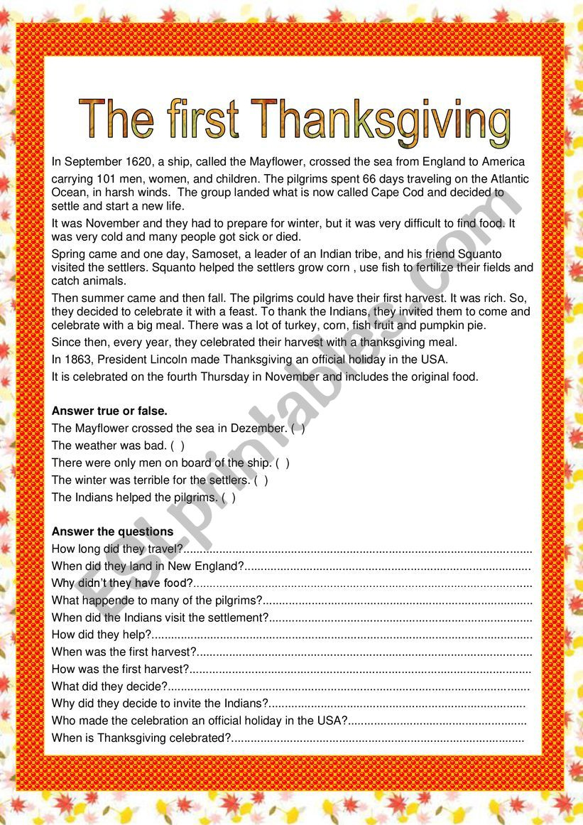The First Thanksgiving - Esl Worksheets.lefevre | The First Thanksgiving Worksheet Answers