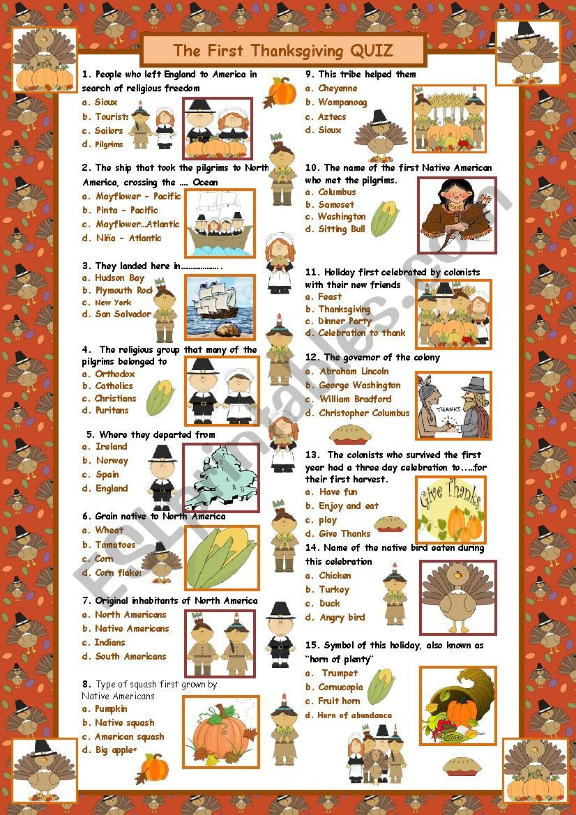The First Thanksgiving Quiz (With Answers) - Esl Worksheetmaguyre | The History of Thanksgiving Worksheet Answers