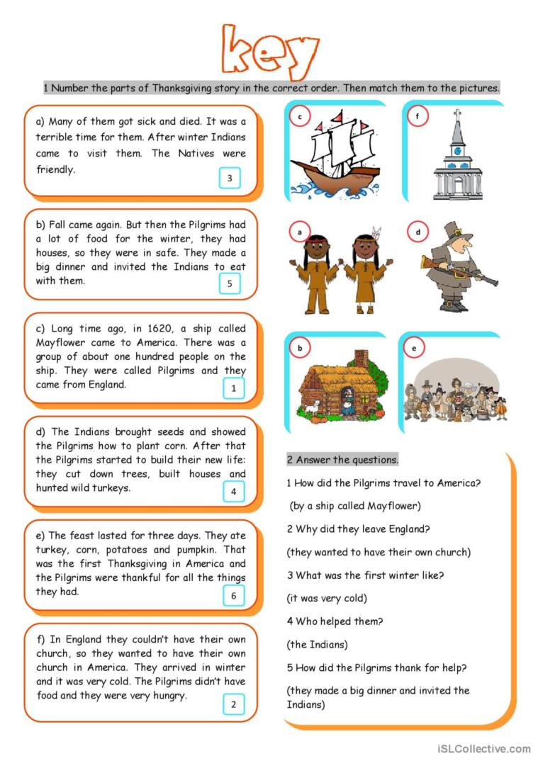 The First Thanksgiving Reading For D…: English Esl Worksheets Pdf | First Thanksgiving Reading Comprehension Worksheet