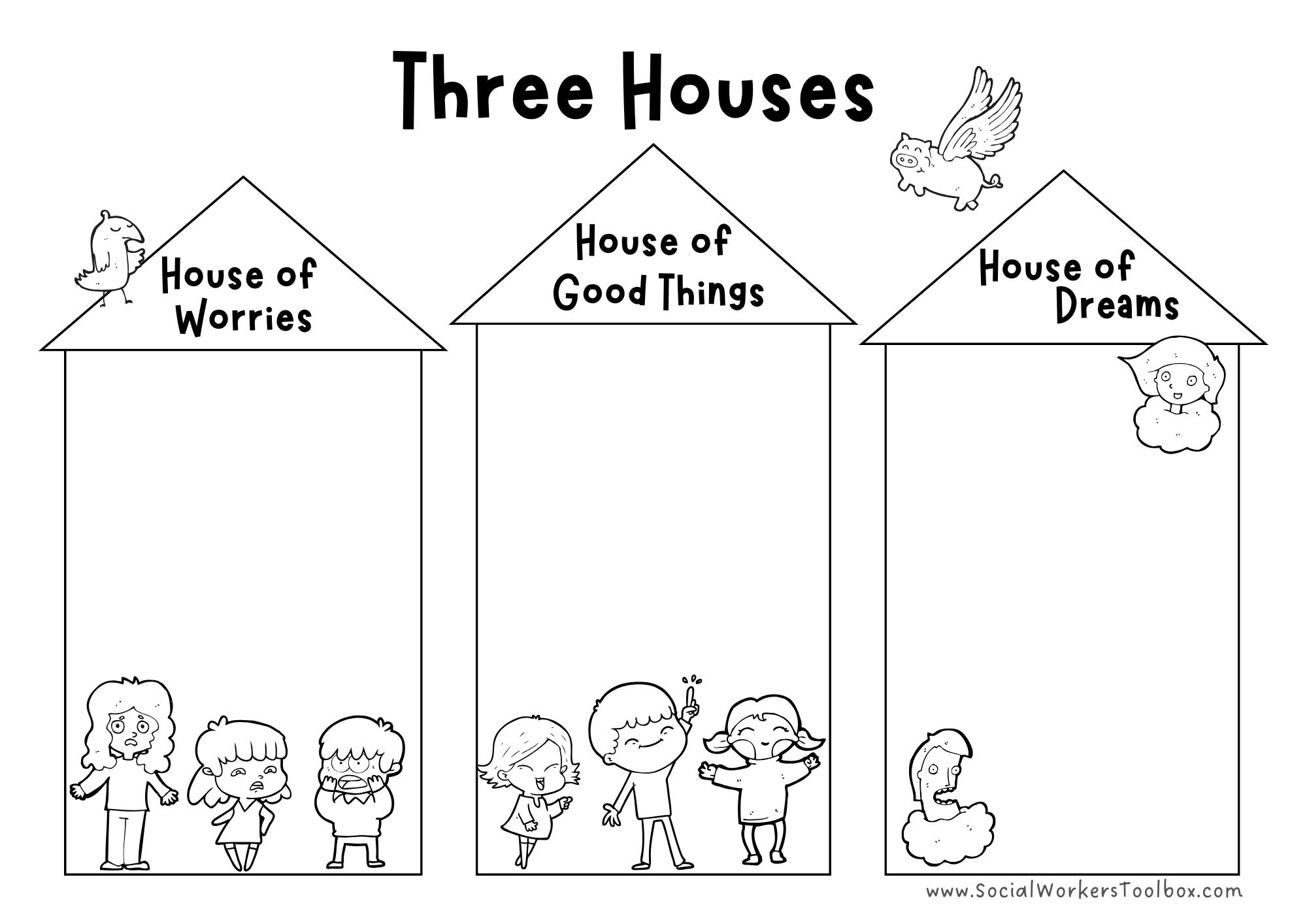 The Three Houses Templates - Free Social Work Tools And Resources | Printable Wishes And Feelings Worksheets