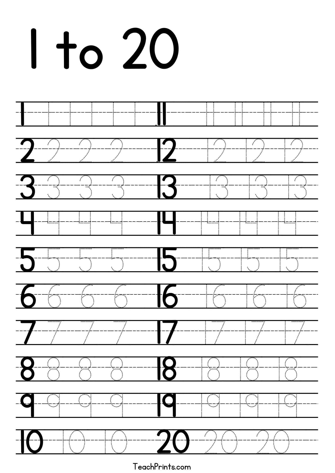 Tracing Numbers 1-20 Worksheets (Free Printable Pdfs) - Teach Prints | Free Printable Numbers 1 20 Worksheets