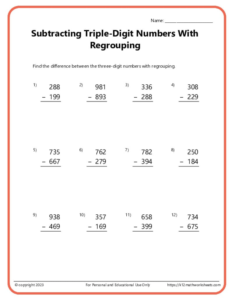 Triple Digit Subtraction With Regrouping Worksheets | Free Printable 3 Digit Subtraction With Regrouping Worksheets