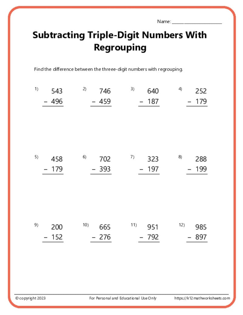 Triple Digit Subtraction With Regrouping Worksheets | Free Printable Math Worksheets Subtraction With Regrouping