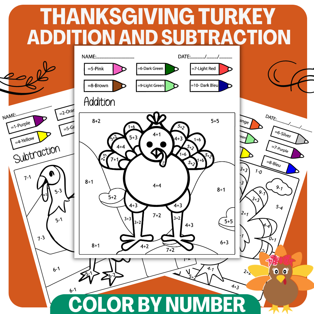 Turkey Math Thanksgiving Colornumber Thanksgiving Math | Thanksgiving Turkey Math Worksheet