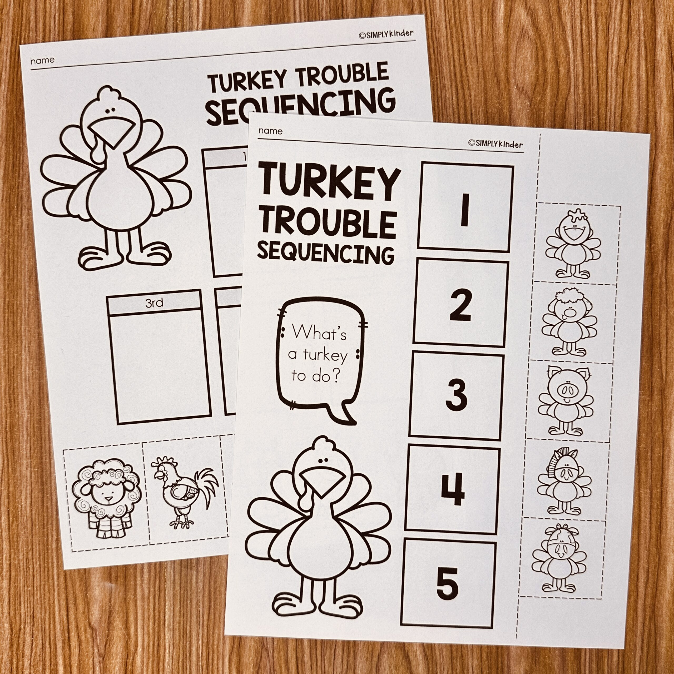 Turkey Trouble Sequencing - Simply Kinder + Printable Membership | Thanksgiving Sequencing Worksheet